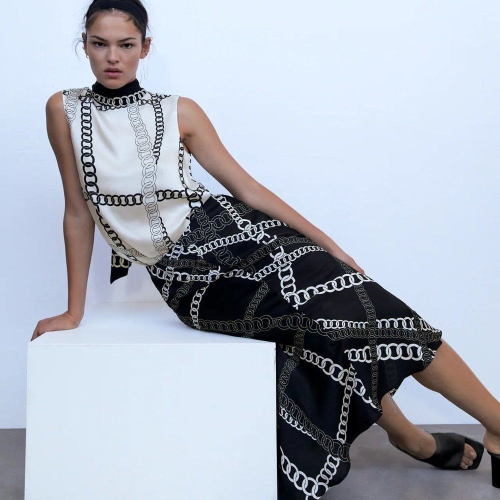 NWT Zara Womens Black White Chain Link Print Satin Midi Skirt High Waist Size S